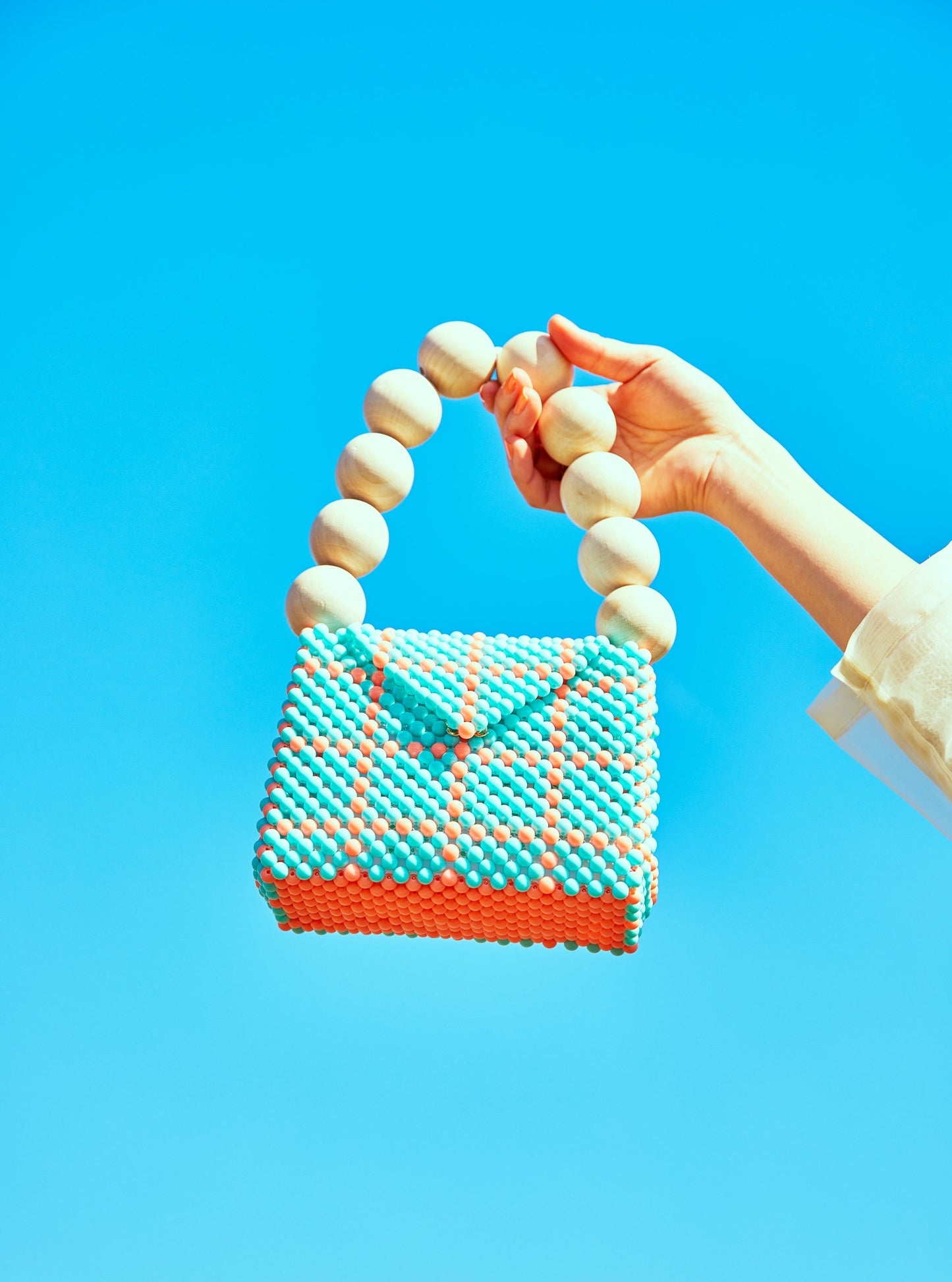 wood ball hand bag(light blue checked)