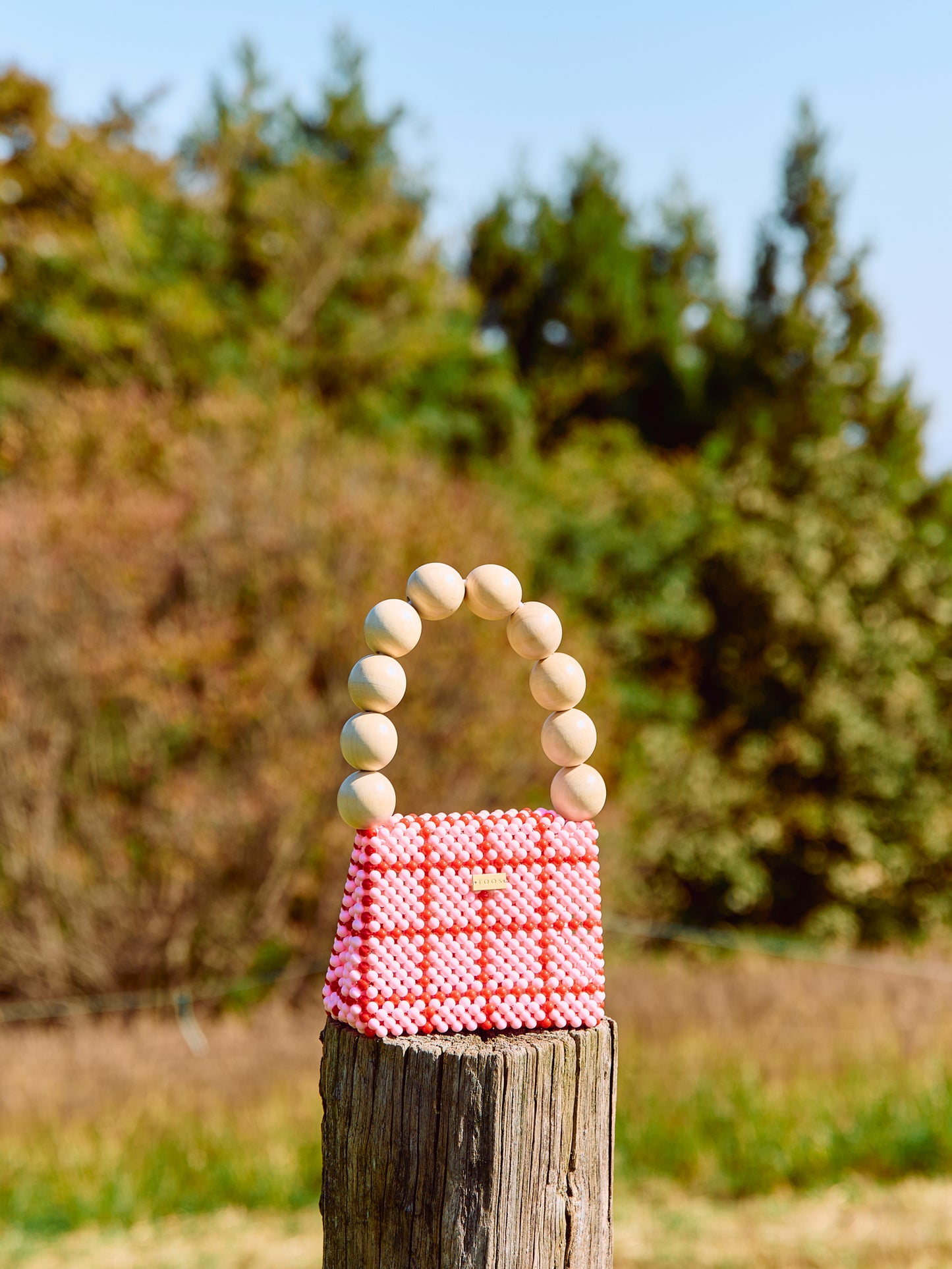 wood ball hand bag(pink checked)