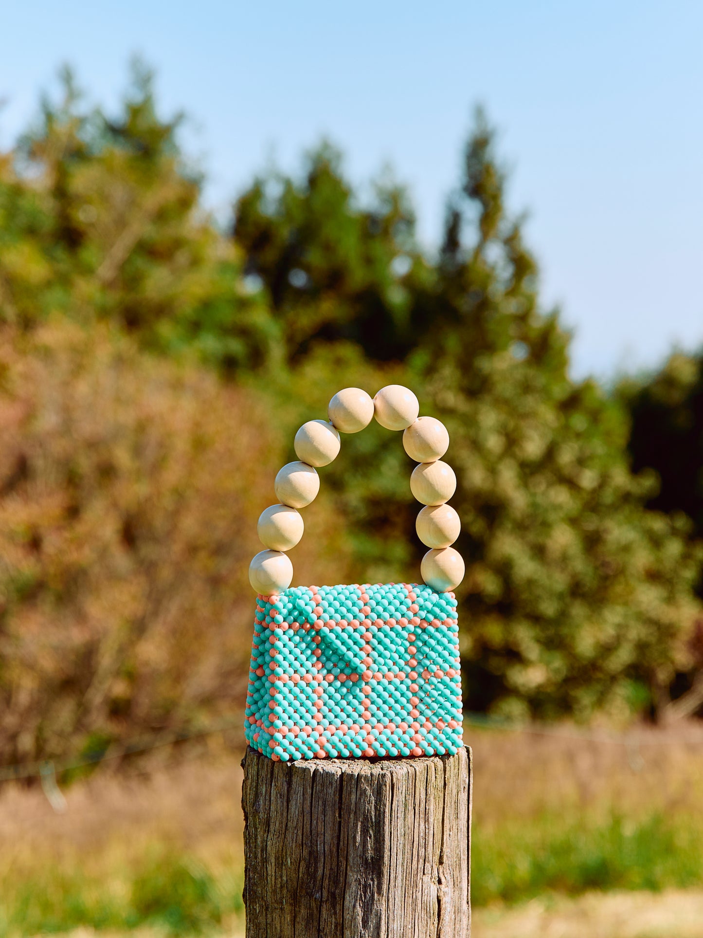 wood ball hand bag(light blue checked)