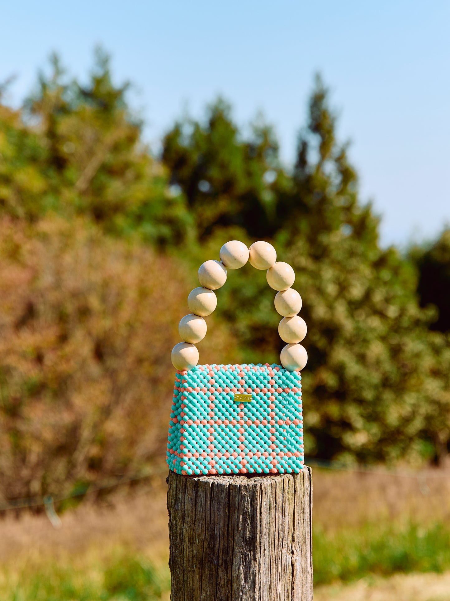 wood ball hand bag(light blue checked)