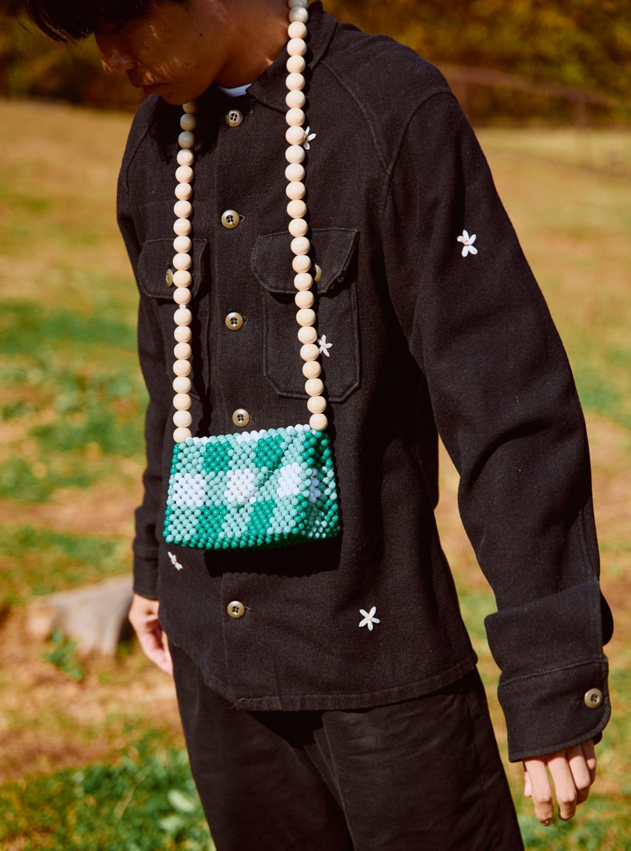 wood ball shoulder bag(green checked)