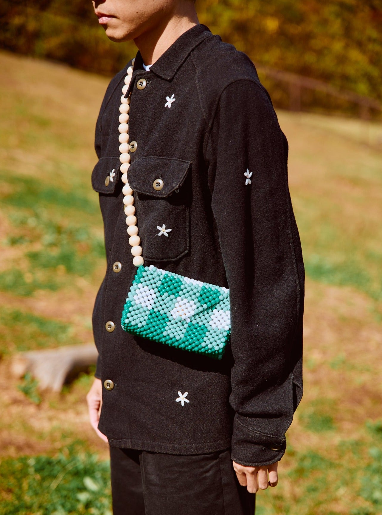 wood ball shoulder bag(green checked)