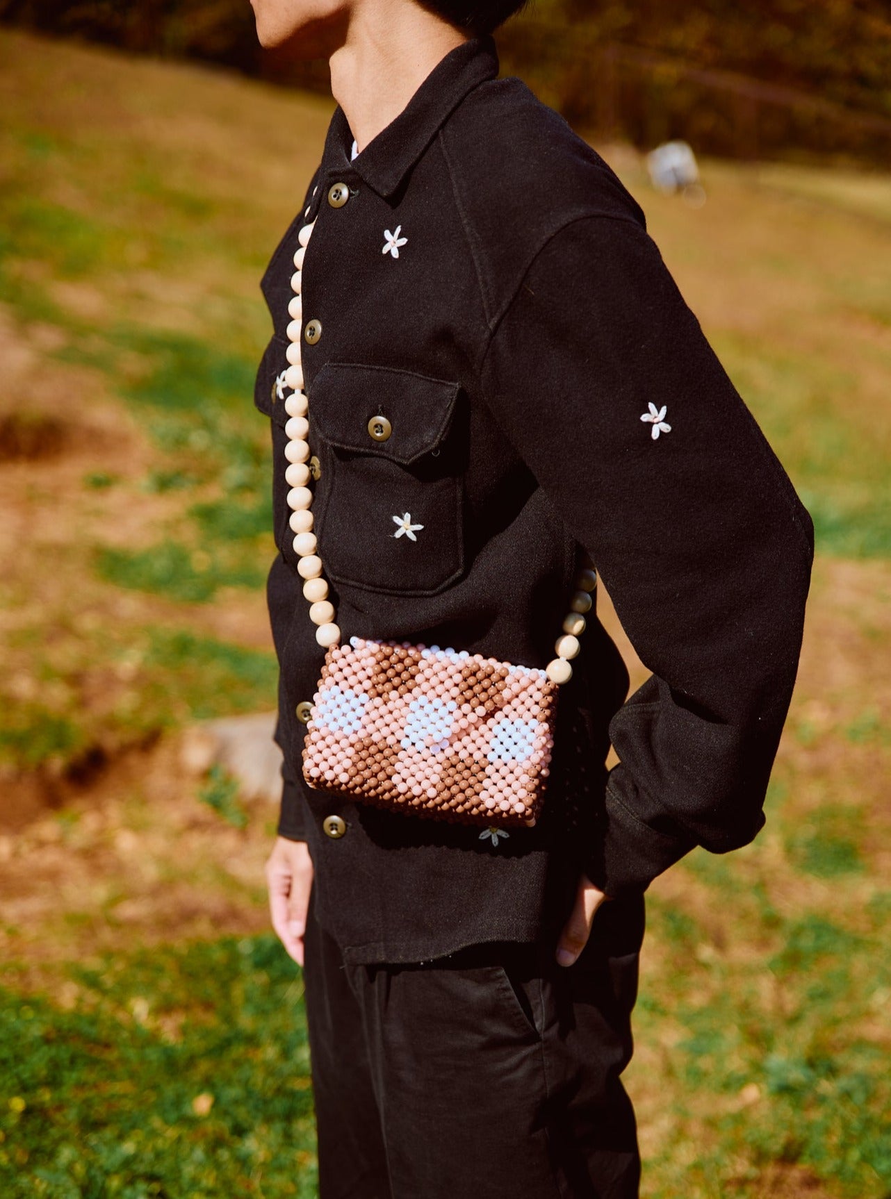 wood ball shoulder bag(brown checked)