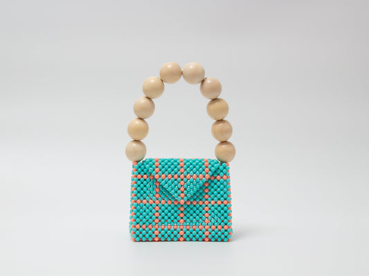 wood ball hand bag(light blue checked)