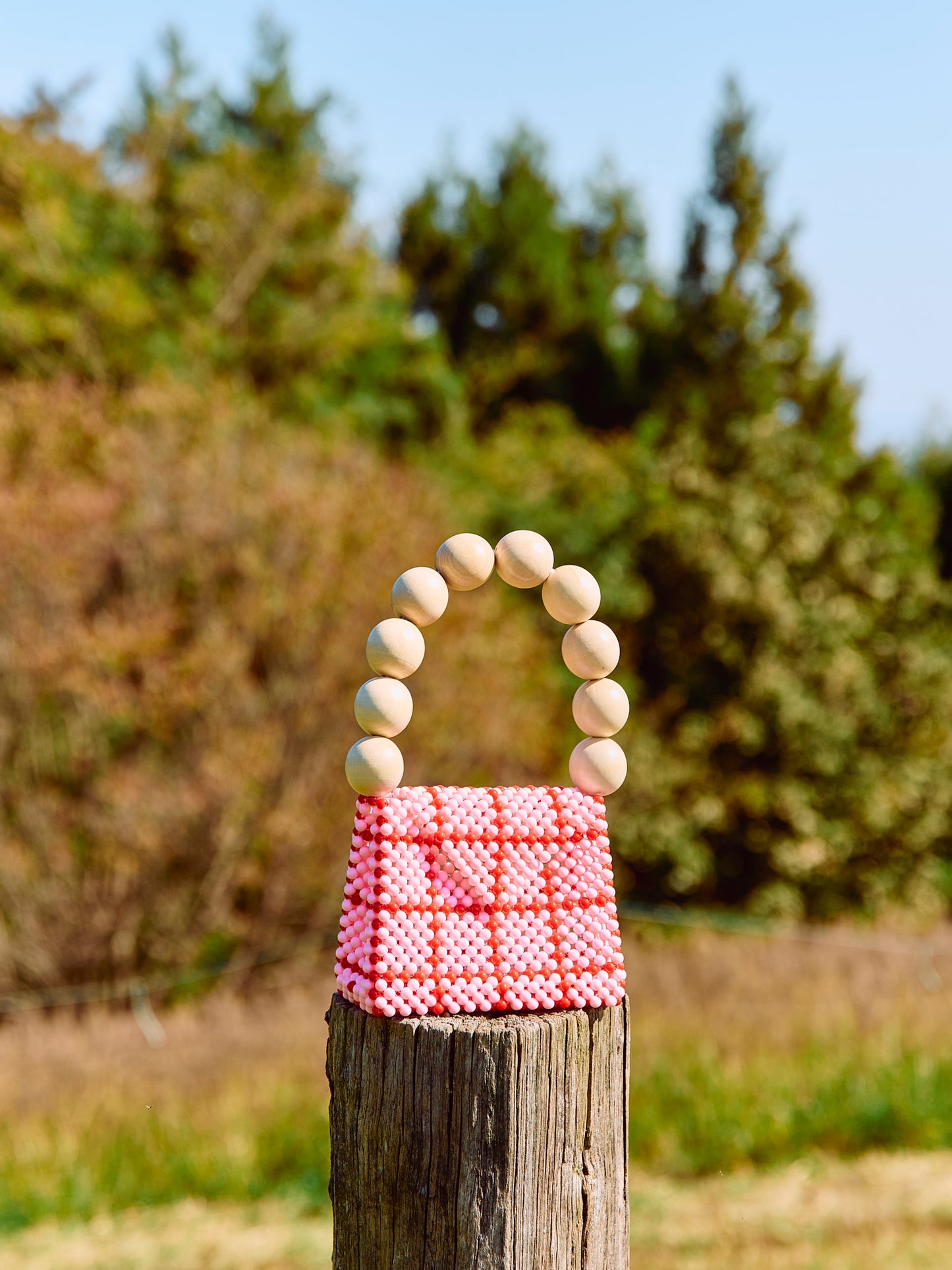 wood ball hand bag（pink checked）