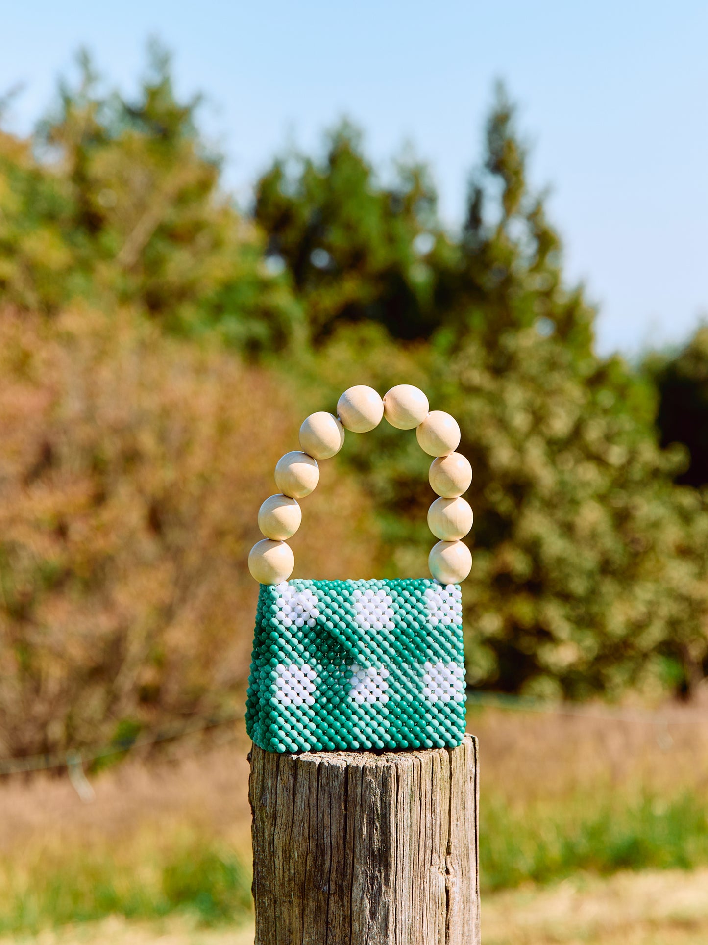 wood ball hand bag（green checked）