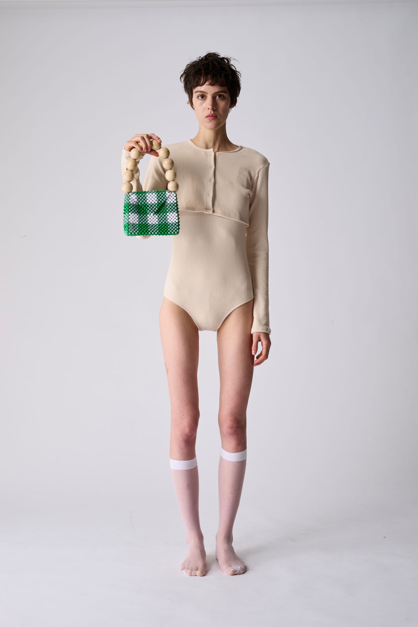 wood ball hand bag（green checked）