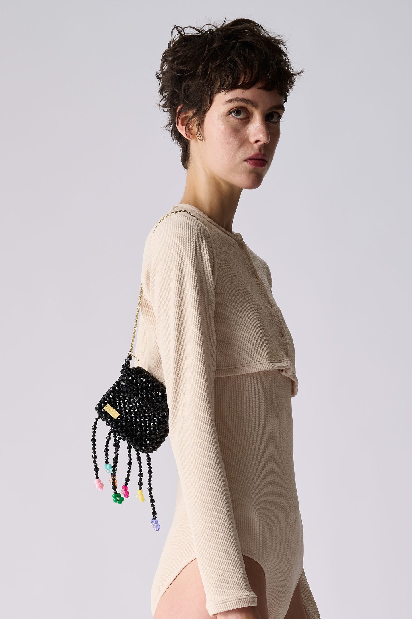 three way chain bag mini（flower black）