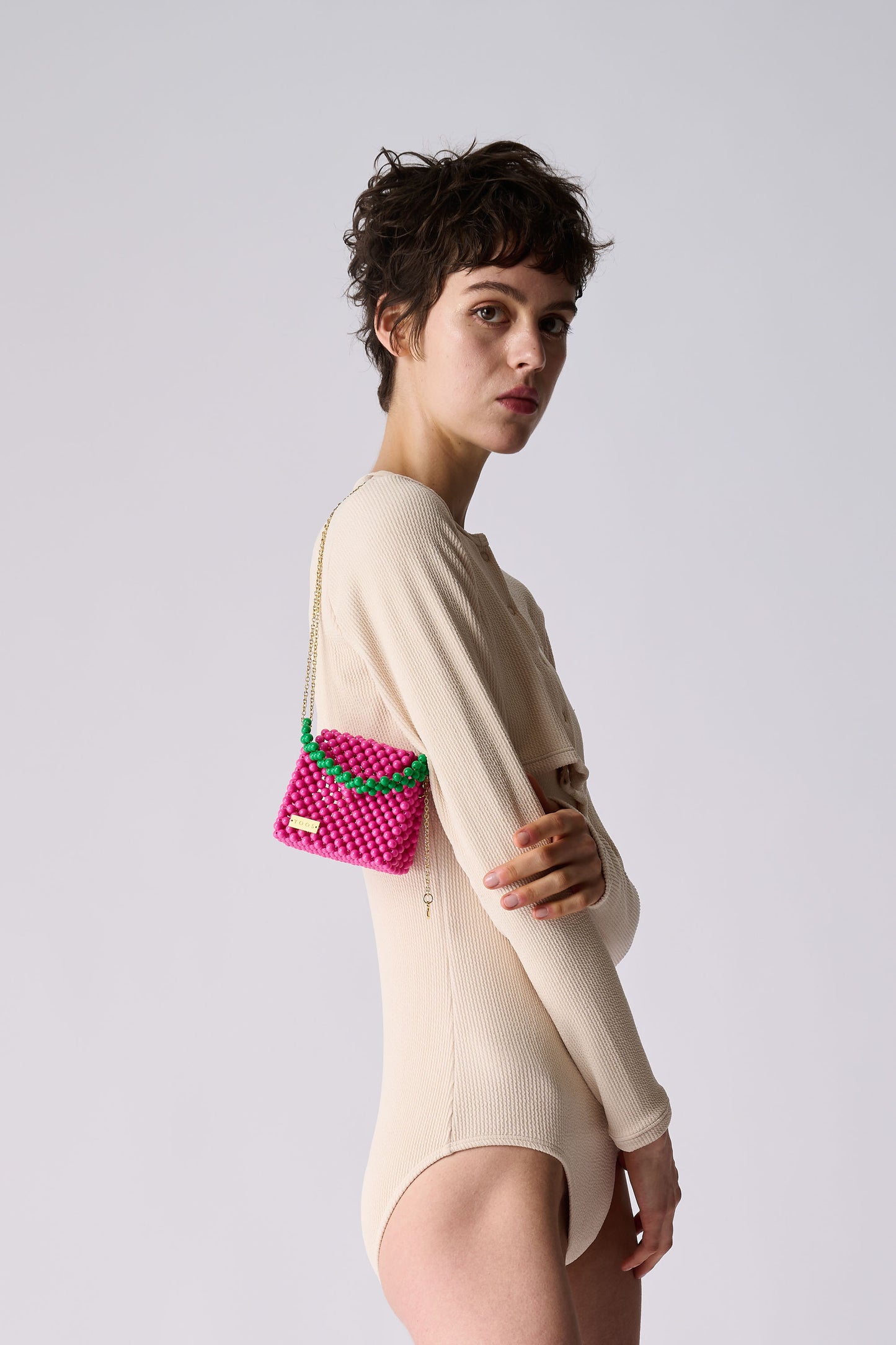 three way chain bag mini（green checked）