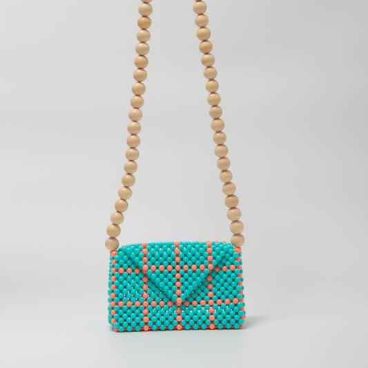 wood ball shoulder bag（light blue checked）